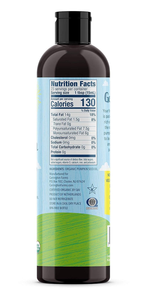 12 0z Carrington Farms Organic Pumpkin Seed Oil Expeller Pressed Non GMO, Gluten Free High in Oleic and Linoleic Acid
