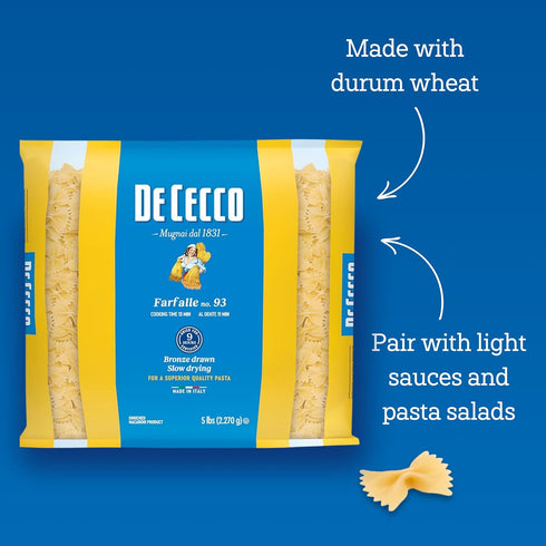 De Cecco 93 5 Lb, Farfalle No. Pasta, Authentic, Slow Dried, Made with Durum Wheat, Versatile Pasta for Sauces