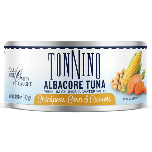 Albacore Pack 12 Tonnino Tuna Fish - Premium chunk in water with Chickpeas, Corn & Carrots - of Alternative to Salmon