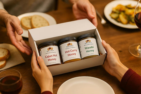 Bee Great Pack 38 oz Set Hot Honey Trio Variety Gift Box Cajun, Curry & Wasabi Sweet Heat from the Hive Small-Batch