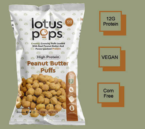 2oz Pack) Lotus Pops - High Protein Peanut Butter Puffs - High Protein Vegan Snacks | Plant Protein | Not Fried | Paleo
