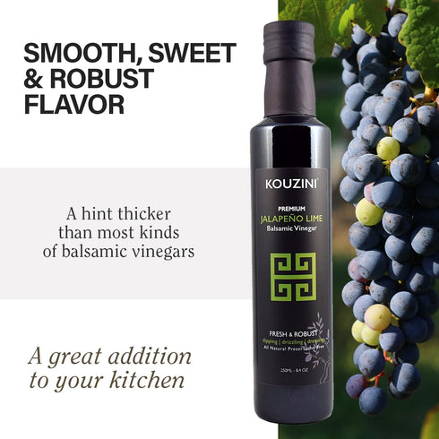 250ml Kouzini Ultra Premium Jalapeno Lime Balsamic Vinegar, Aged Balsamic Vinegars from Modena, Italy, Premium, Smooth