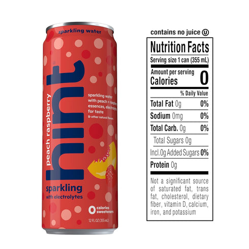 12 Oz (Pack 12) Hint Sparkling Water, Peach Raspberry - Canned Flavored Water Beverages with Electrolytes, Zero
