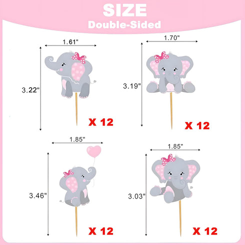 Finduat 48 Pieces Pink Elephant Cupcake Toppers for Girl Baby Shower Decorations, Baby Girl Birthday Party Supplies