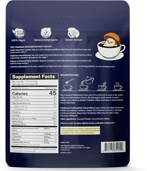 6-Mushroom Immune 7.76 OZ Mushroom Cocoa Sleep Supplement with & Adaptogens, Keto Superfood Hot Chocolate with Reishi