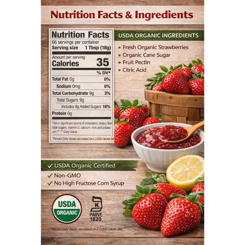Pet4Homy 42 oz (2 lb 10 oz) Signature Organic Strawberry Fruit Spread, Jar Made with Fresh Strawberries, USDA Organic