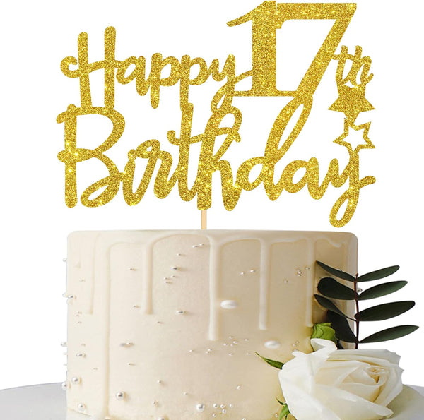 Gold Glitter Happy 17th Birthday Cake Topper - 17 Cake Topper for 17th Birthday Party Decorations