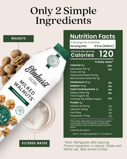 1925 32 (Pack 6) Elmhurst Unsweetened Walnut Milk - Ounce of Dairy-Free, Gluten-Free, Vegan, Kosher, Shelf Stable Milk