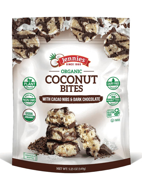Jennies Organic Coconut Bites with Cacao Nibs and Dark Chocolate, 5.25oz |