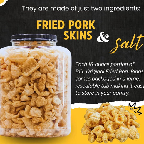 (1) 16oz Smoked Pork Rinds Original Tub CUSTOM BAG Crunchy Fried Pork Skins Chicharrones High Protein Zero Carb Snack