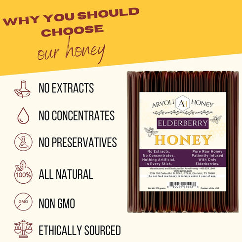 50 Pack Immune Immune Elderberry Honey Sticks for Tea - - Infused Honey with Whole Elderberries - Healthy All Natural