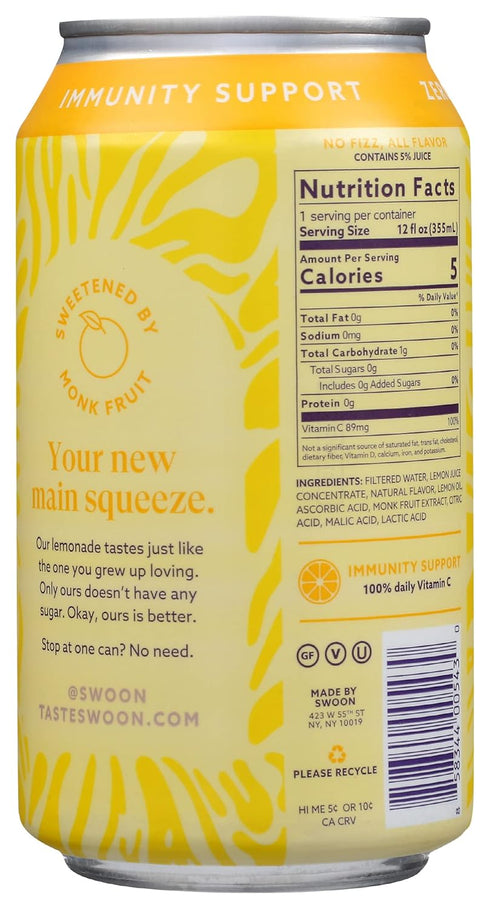 Swoon 12 (Pack 12) Classic Lemonade, Zero Sugar, Low Calories, Vegan Friendly, Kosher, Gluten Free & Non-GMO, Fluid