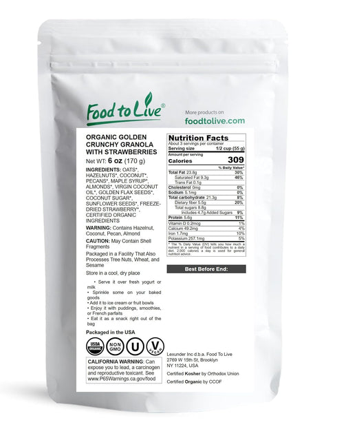 6 Food to Live Organic Golden Crunchy Granola with Strawberries, Ounces Handcrafted, Great for Breakfast Cereals