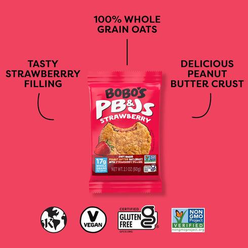 (24 Bobo's Strawberry PB&J Oat Snacks, Simple Ingredients, Whole Grain Oats, Plant Based, Non-GMO, Gluten Free