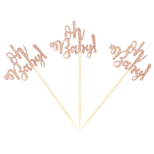 Ercadio 24 Pack Oh Baby Cupcake Toppers Rose Gold Glitter Cake Decorations for Baby Shower Birthday Party