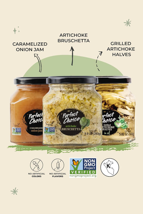 (Pack 3) Perfect Choice Delicious Grilled Artichoke Halves, Artichoke Bruschetta, Caramelized Onion Mix