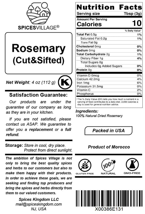 SPICES VILLAGE Rosemary Dried, Rosemary Herbs Dried, Cut & Sifted Pure Mediterranean Seasoning - Kosher, Gluten Free