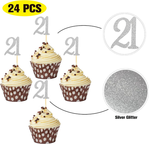 Sumerk 24PCS Silver Glitter Cupcake Toppers, 21st Birthday Cupcake Picks for Anniversary Party Decorations