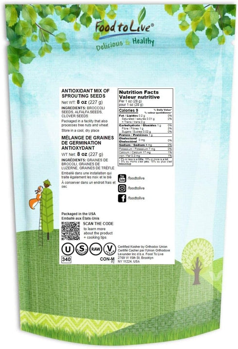 8 Food to Live - Antioxidant Mix of Sprouting Seeds, Ounces - Broccoli, Clover, Alfalfa, Kosher, Raw, Vegan
