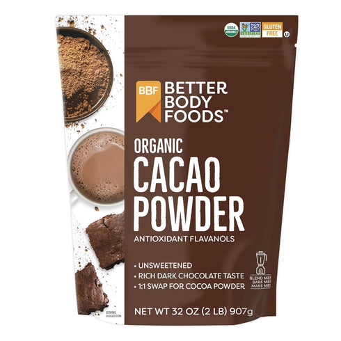BetterBody Foods Organic Cacao Powder, Unsweetened, Rich Chocolate Flavor, Non-GMO, Gluten-Free, 32