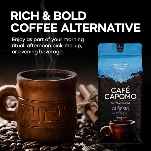 11 oz Tattva's Herbs Cafe Capomo Herbal Coffee Alternative, Caffeine & Acid Free, Classic Dark Roast