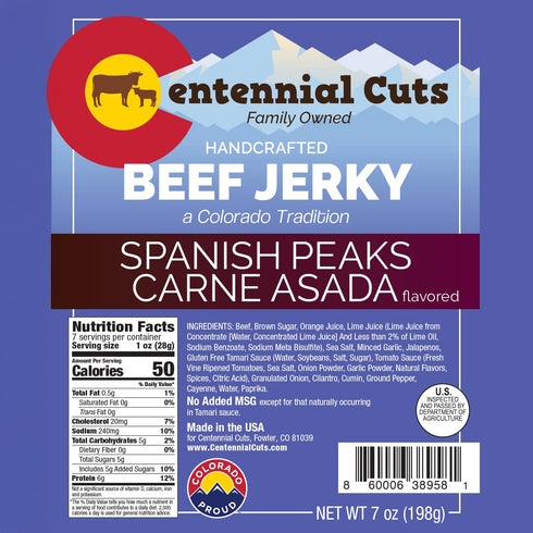 7 oz Centennial Cuts Beef Jerky Spanish Peaks Carne Asada, High Protein, Snack
