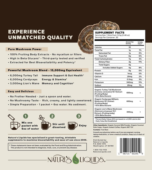 15,000 Immune 30 Packs Nature's Liquids Ultimate Mushroom Coffee Latte - mg Organic Fruiting-Body Mushrooms per Serving