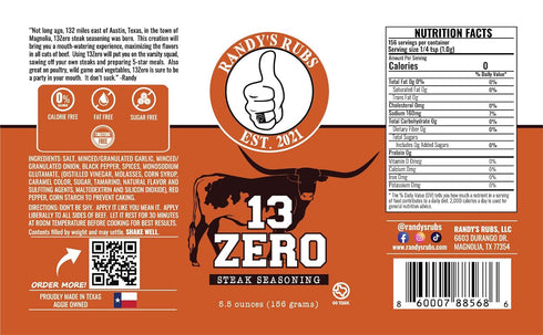 Randy's Rubs Seasoning 13ZERO Steak Seasoning SUGAR FREE and NON-DAIRY IT DONT SUCK Y'ALL! (One 5.5 Ounce Shaker)
