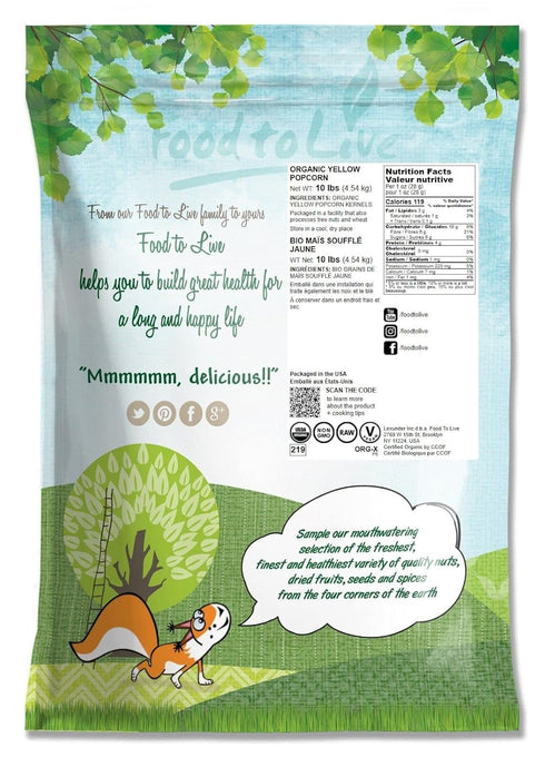 10 100% Food to Live Organic Yellow Popcorn, pounds Non-GMO Corn Kernels, Whole Grain, No Additives, No Preservatives