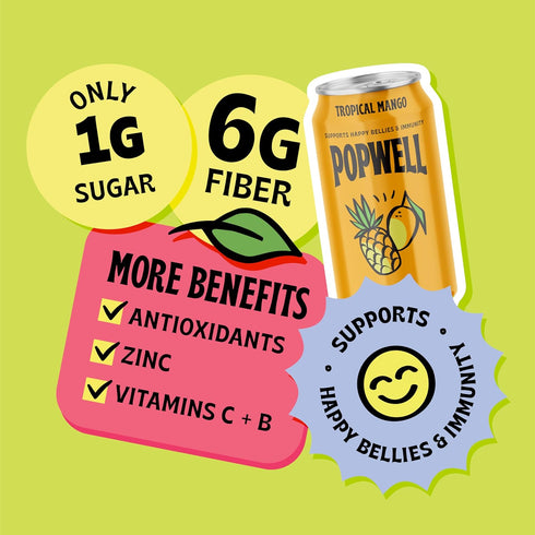 6g 1g Immunity 12 oz (pack 12) Popwell Tropical Mango Better-For-You Prebiotic Soda, with Fiber, Sugar, Vitamins