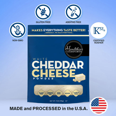 (7 oz) Healthier Comforts White Cheddar Cheese Powder | Gluten Free, Kosher, Keto-Friendly, Non-GMO, Antibiotic