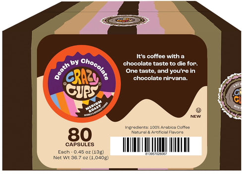80 Pods(Pack 1) Crazy Cups Flavored Coffee for Keurig K-Cup Machines, Death By Chocolate, Hot or Iced Coffee, Single