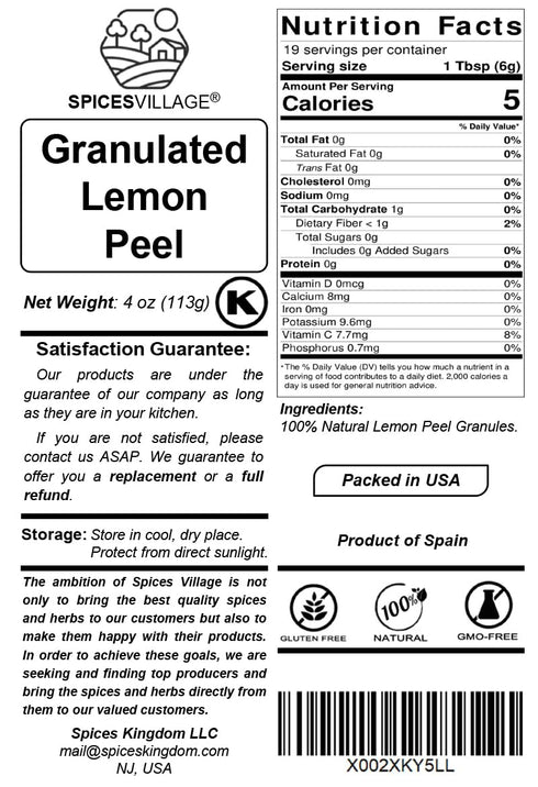 (4 Oz), SPICES VILLAGE Dried Lemon Peel Granules, Lemon Zest Seasoning for Baking, Citrus Fruit Seasoning for Cooking