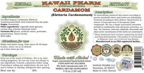 Cardamom Alcohol-Free Liquid Extract, Organic Cardamom Dried Seed Glycerite, Hawaii Pharm, 2 oz