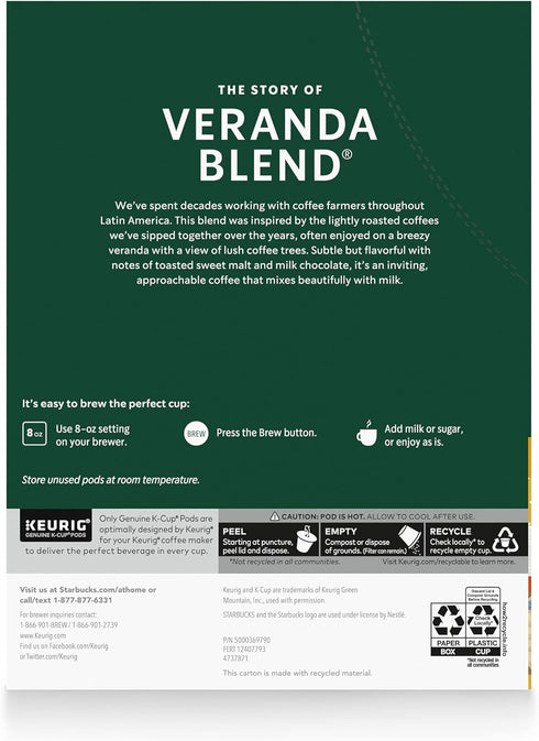 60 Starbucks K-Cup Coffee Pods, Starbucks Blonde Roast Hot or Iced Coffee, Veranda Blend, Keurig Pods