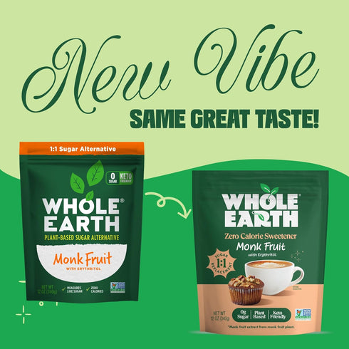12 WHOLE EARTH Monk Fruit Sweetener with Erythritol, Plant-Based Sugar Alternative, Ounce Pouch