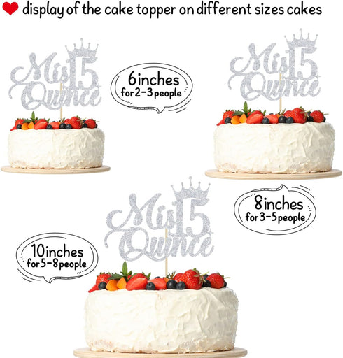 Mis Quince 15 Cake Topper, Cheers to 15 Years, 15th Birthday Cake Decor, Happy 15th Birthday Decorations Silver Glitter