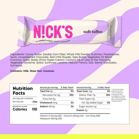 Sugar,110 3.5 15-Pack (28g NICKS Soft Toffee Chocolate Candy Bar with Caramel Sauce Without Added Calories, Net Carbs