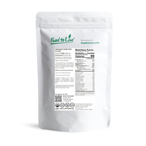 2 Food to Live Organic Dark Rye Flour, Pounds Whole Grain, Non-GMO, Stone Ground, Kosher, Raw, Vegan, Bulk, Great