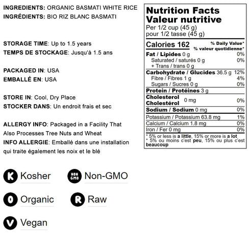 5 Food to Live Organic White Basmati Rice, Pounds Non-GMO, Long-Grain Rice Variety, Fragrant, Kosher, Vegan, Bulk.