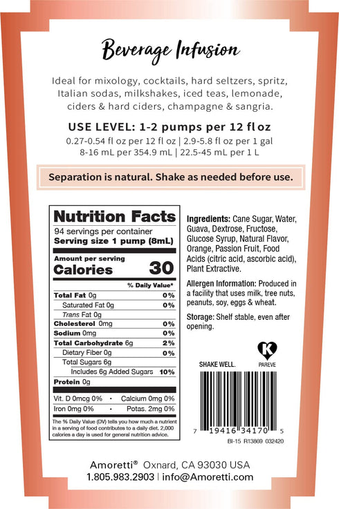 94 (750 ml) Amoretti - Passion-Orange-Guava Beverage Infusion, Servings Per Bottle - Drink Mix & Water Enhancer