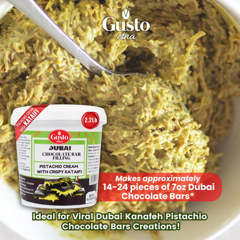 30% 35 oz (1kg), GUSTO ETNA Dubai Pistachio Chocolate Bar Filling- Pistachio Cream with Crispy Kataifi Pistachios