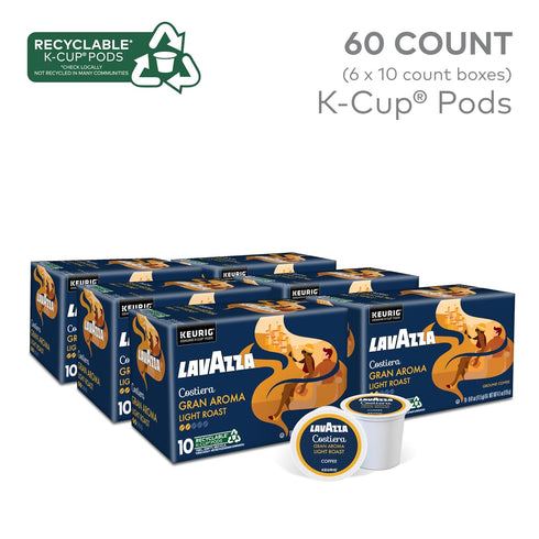 60-Count (6 Packs 10) Lavazza Costiera Gran Aroma, Single-Serve Keurig K-Cup Pods, Light Roast Coffee, Box