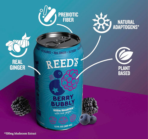 12oz 12-Pack Reed's Berry Bubbly Functional Soda - Organic Ginger, Adaptogen Mushroom Blend, Prebiotics - Cans