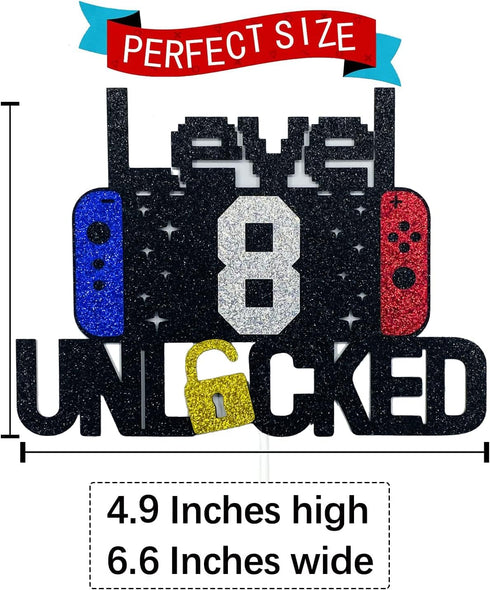 8th Birthday Video Game Cake Topper Level 8 Unlocked Cake Topper for Kids Boy Girl 8-Years-Old Birthday Party Decoration