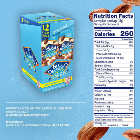(1.5 Oz. Pack 12) Blue Diamond Almonds, Low Sodium, Lightly Salted Flavored Snack Nuts, Single Serve Bags Tubes