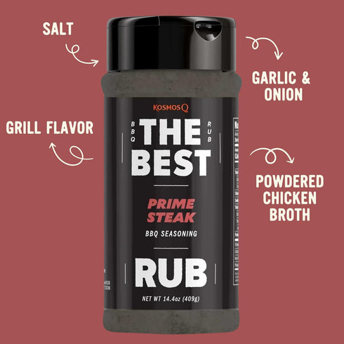 14.4 Oz Kosmos Q The Best Prime Steak Rub, Bold BBQ Meat Dry Rub & Steak Seasoning with Garlic, Onion, Spices & Smoke