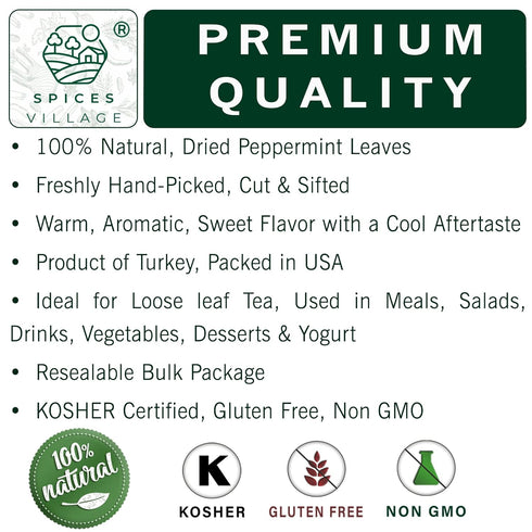 SPICES VILLAGE Dried Peppermint Leaves (2 oz) - Fresh Peppermint Leaves, Mint Herb, Crushed Mint Spice Great for Loose Leaf Tea, Dry Mint Powder, Cut and Sifted - Kosher, Gluten Free, Non GMO, Resealable Bulk Bag
