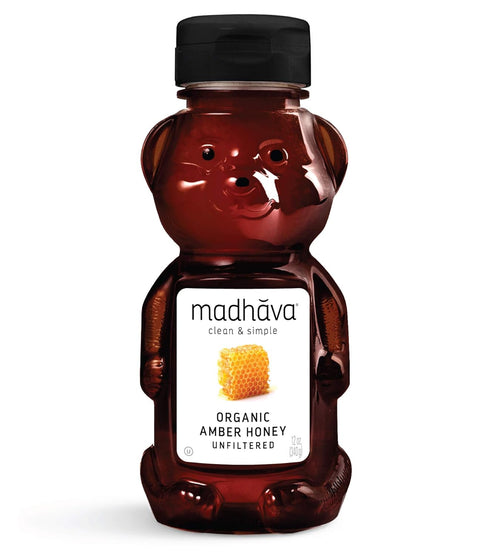 MADHAVA Organic Amber Honey, Unfiltered, Honey Bear (Pack of 6) Natural Sweetener,