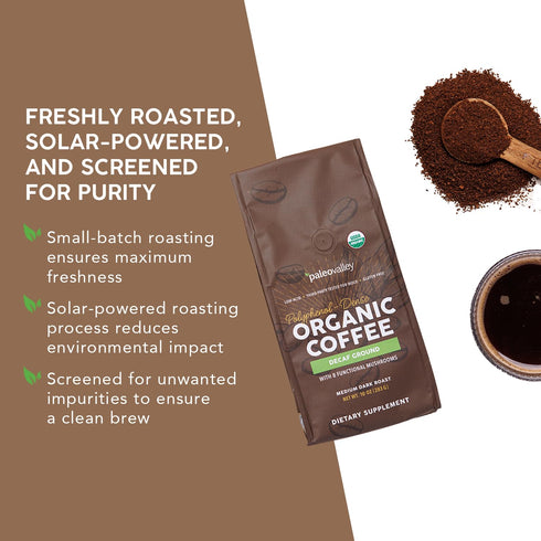 10oz Paleovalley Organic Ground Coffee, - Decaf, Low Acid, Single-Origin, Polyphenol-Rich, Infused with Mushrooms